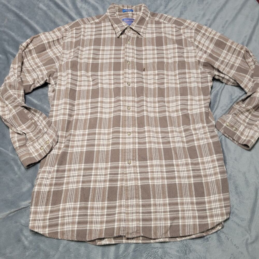 Vintage Pendleton Shirt Mens Large  Brown Button Up Plaid Hong Kong Made  Cotton